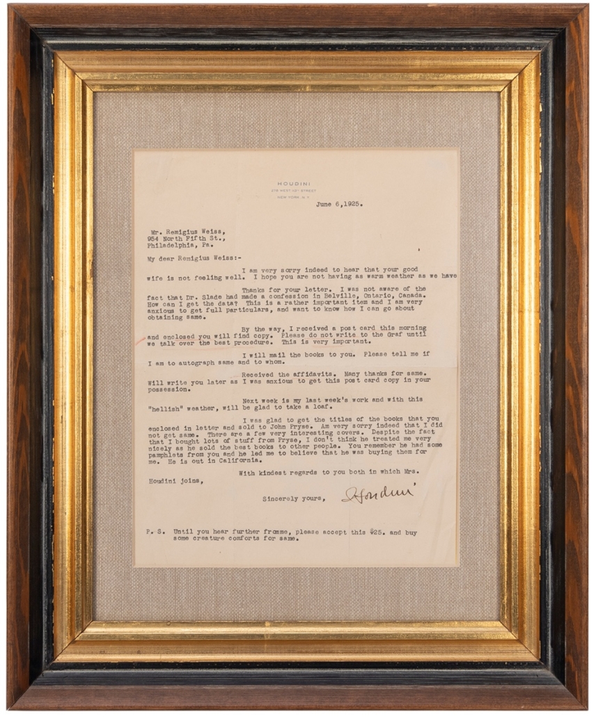 Typed, signed letter from Harry Houdini to Remigius Weiss, est. $1,500-$2,500