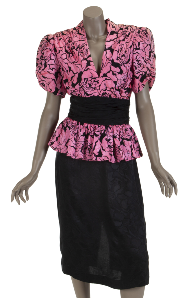 Black and pink floral print dress Jean Kasem wore as Loretta Tortelli on ‘Cheers,’ est. $200-$300