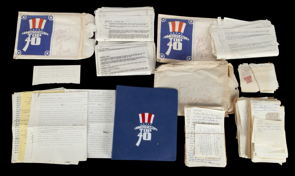 Large group of musician biographies, handwritten notes and other ephemera related to ‘American Top 40,’ est. $100-$200