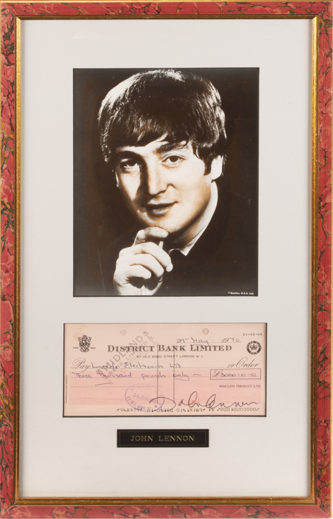 Original check for £3,000 pounds, signed by John Lennon, est. $1,000-$2,000