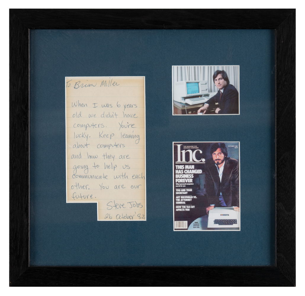 Steve Jobs-signed note to a young boy, $124,998