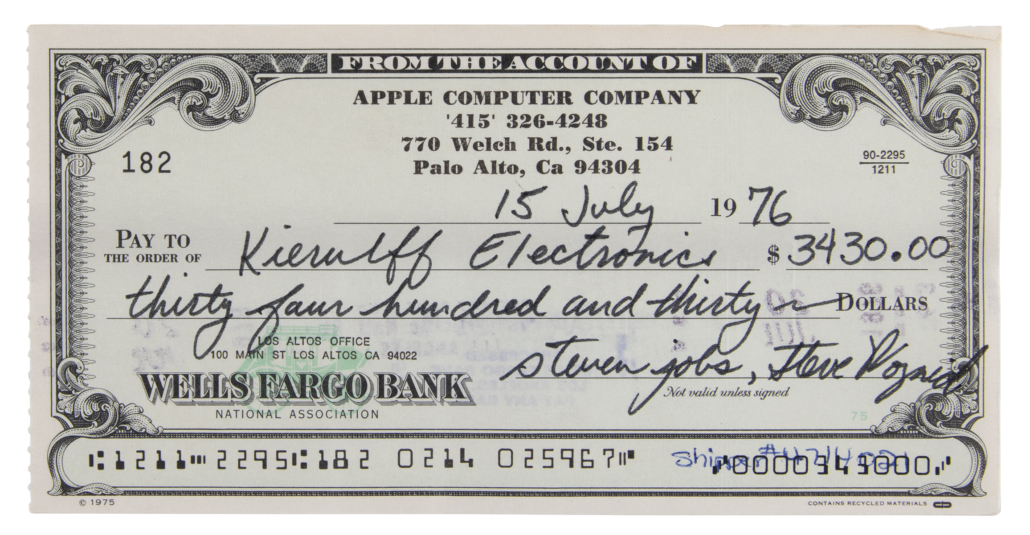 July 1976 Apple Computer check signed by Steve Jobs and Steve Wozniak, est. $25,000-$50,000
