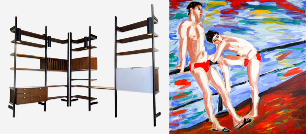 Left, George Nelson for Herman Miller Comprehensive Storage System (CSS), est. $5,000-$8,000; Right, ‘Strand (Beach)’ by Salome, est. $12,000-$18,000