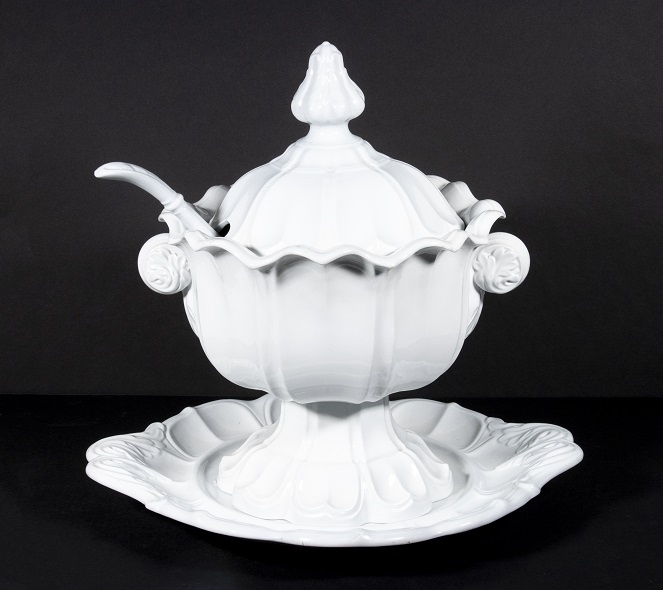 T&R Boote white ironstone tureen with underplate and ladle, est. $250-$350