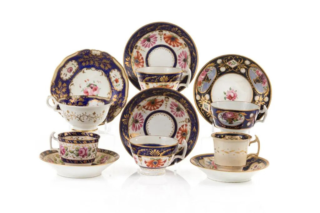 This mixed group of teacups and saucers, dating from 1810 to 1828, sold for CA$225 in August 2020. Image courtesy of A.H. Wilkens Auctions & Appraisals and LiveAuctioneers.