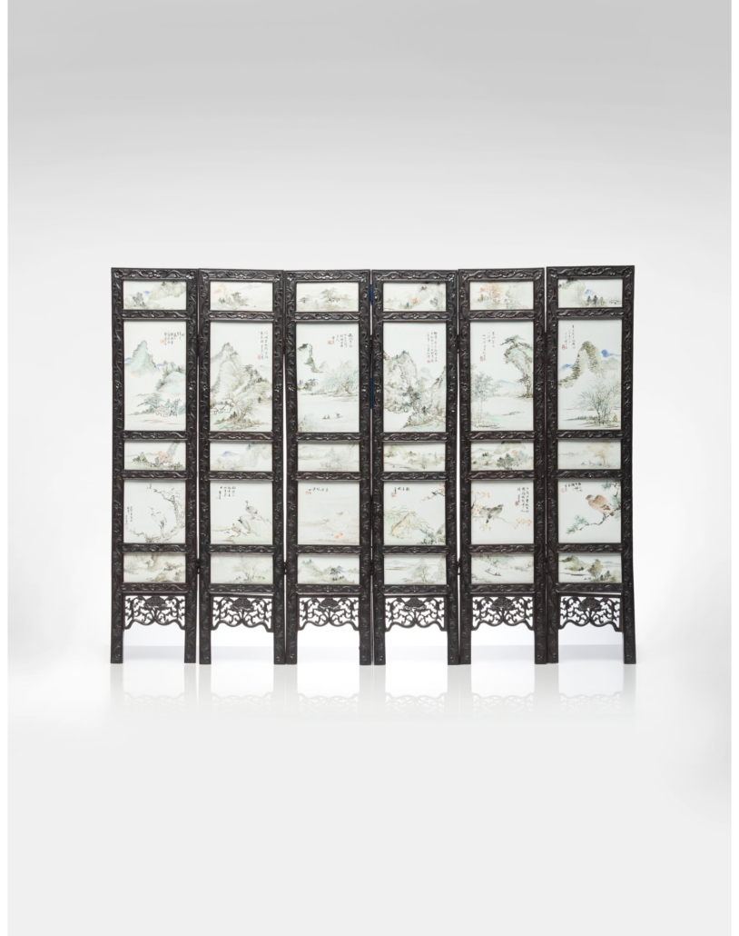 Chinese six-panel screen with painted porcelain plaques by Cheng Men, est. $30,000-$50,000. Image courtesy of Heritage Auctions