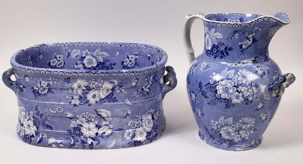 Staffordshire blue and white ironstone transfer foot bath and pitcher set, $2,625