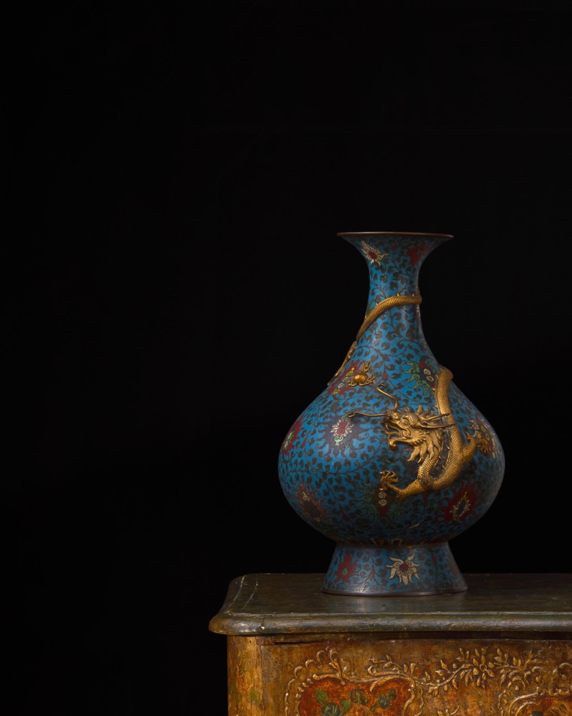 Chinese gilt-repousse-embellished cloisonne vase, est. $40,000-$60,000