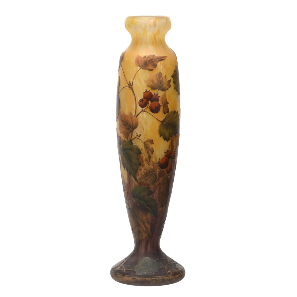 Signed Daum Nancy French cameo art glass vase with a yellow, white, orange and amethyst mottled ground, $3,450