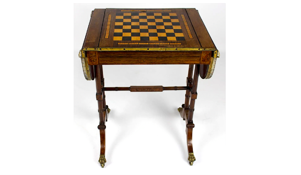 An English Regency inlaid rosewood games table achieved $1,300 plus the buyer’s premium in January 2018. Image courtesy of CRN Auctions, Inc. and LiveAuctioneers.