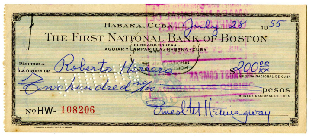 Spanish-printed check signed by Ernest Hemingway, drawn on the First National Bank of Boston (Havana, Cuba branch), est. $800-$1,000