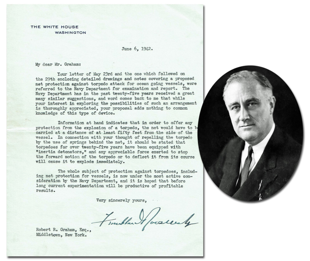 One-page typed letter signed by Franklin D. Roosevelt on White House stationery, dated June 6, 1942, discussing defensive methods to deter Nazi U-boat attacks, est. $5,000-$6,000