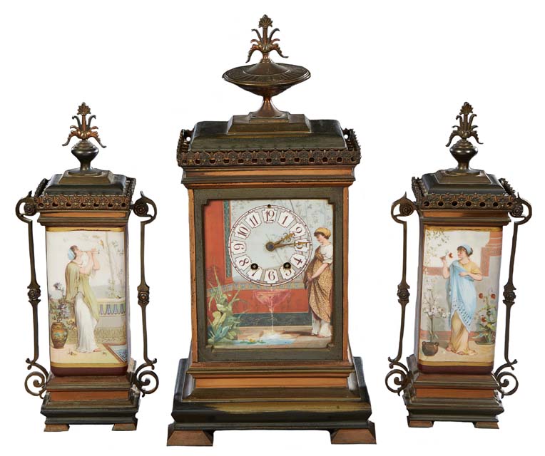 French gilt brass and copper porcelain plaque clock set, est. $1,000-$2,000