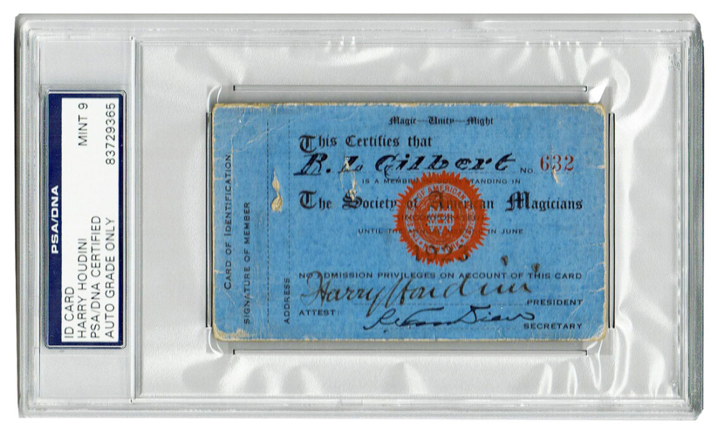 ID card for The Society of American Magicians, signed by president Harry Houdini, est. $1,200-$1,400