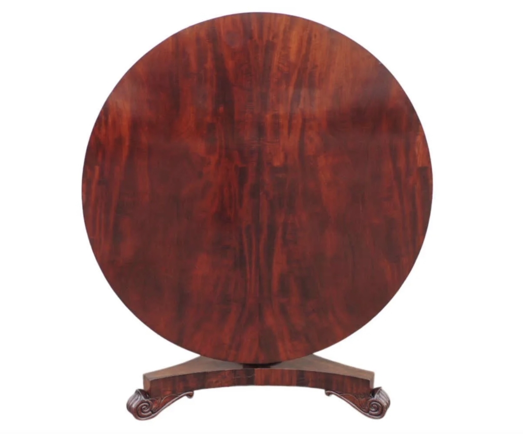 This tilt-top mahogany English Regency breakfast table realized $1,500 plus the buyer’s premium in May 2020. Image courtesy of David Skinner Antiques and LiveAuctioneers.