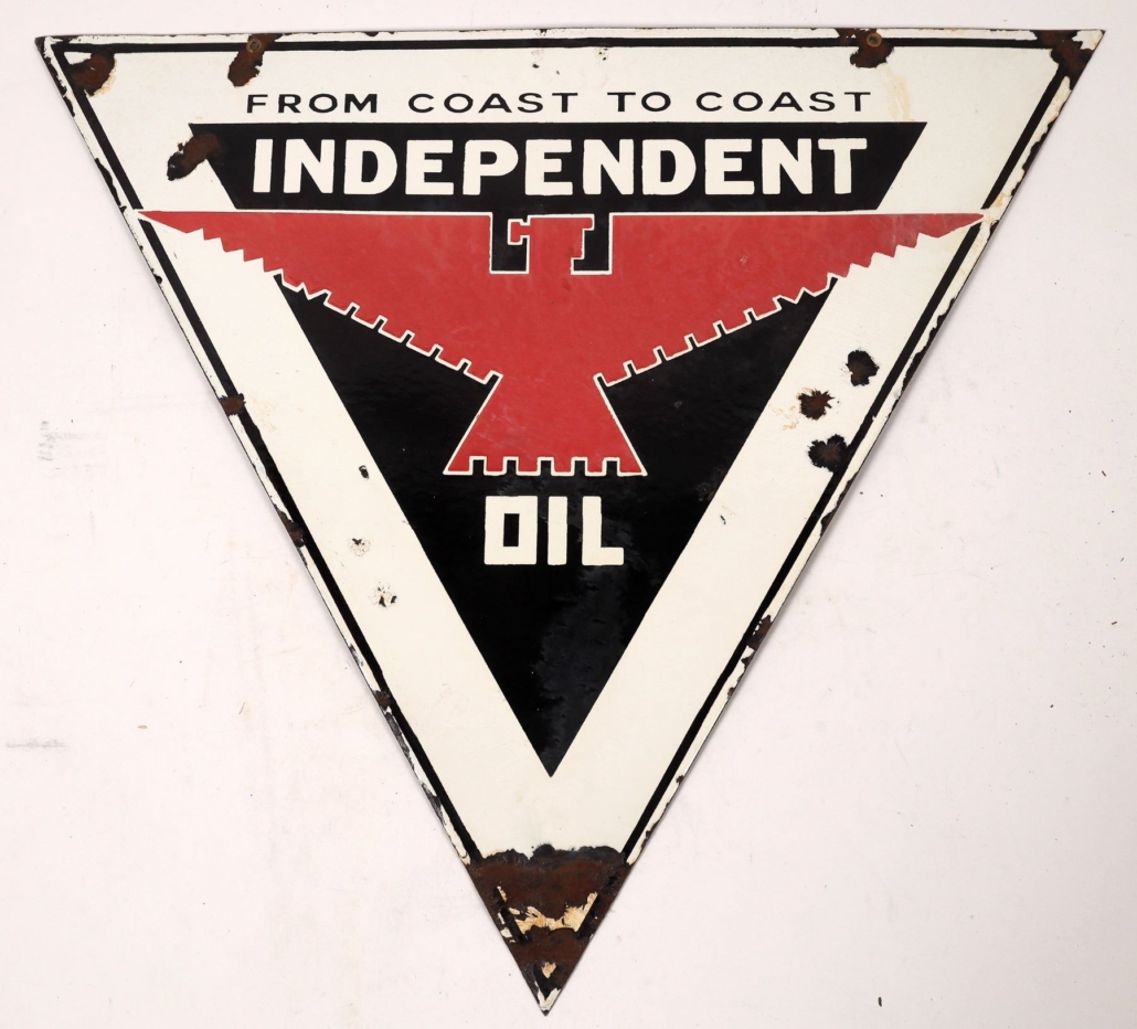 Independent Oil ceramic enameled sign in red, white and black, $875