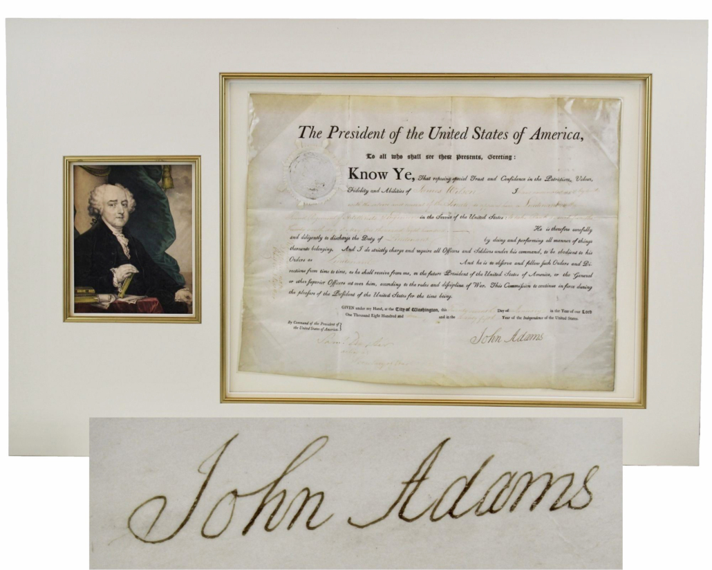John Adams-signed document dated January 27, 1801, with an unusually large Adams signature, est. $5,000-$6,000