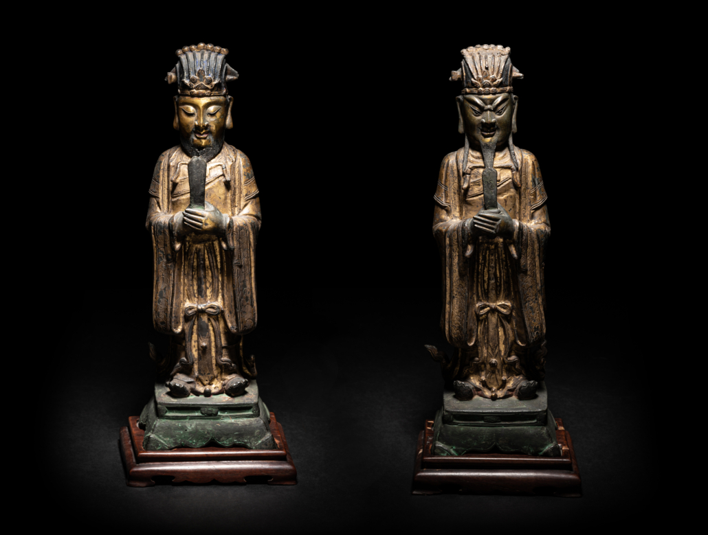 Pair of Chinese gilt decorated bronze figures of standing officials, late Ming dynasty, est. $5,000-$7,000