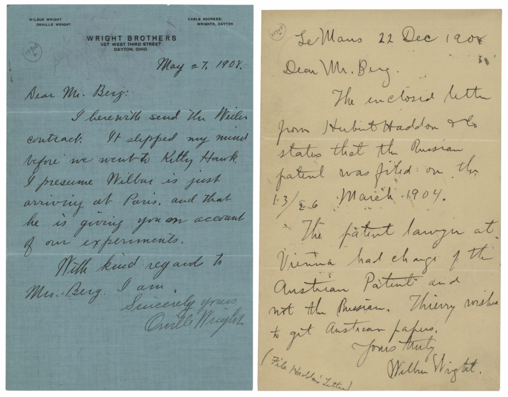 Pair of 1908 letters, one from Orville Wright and one from Wilbur Wright, on patents and contracts, est. $25,000-$35,000