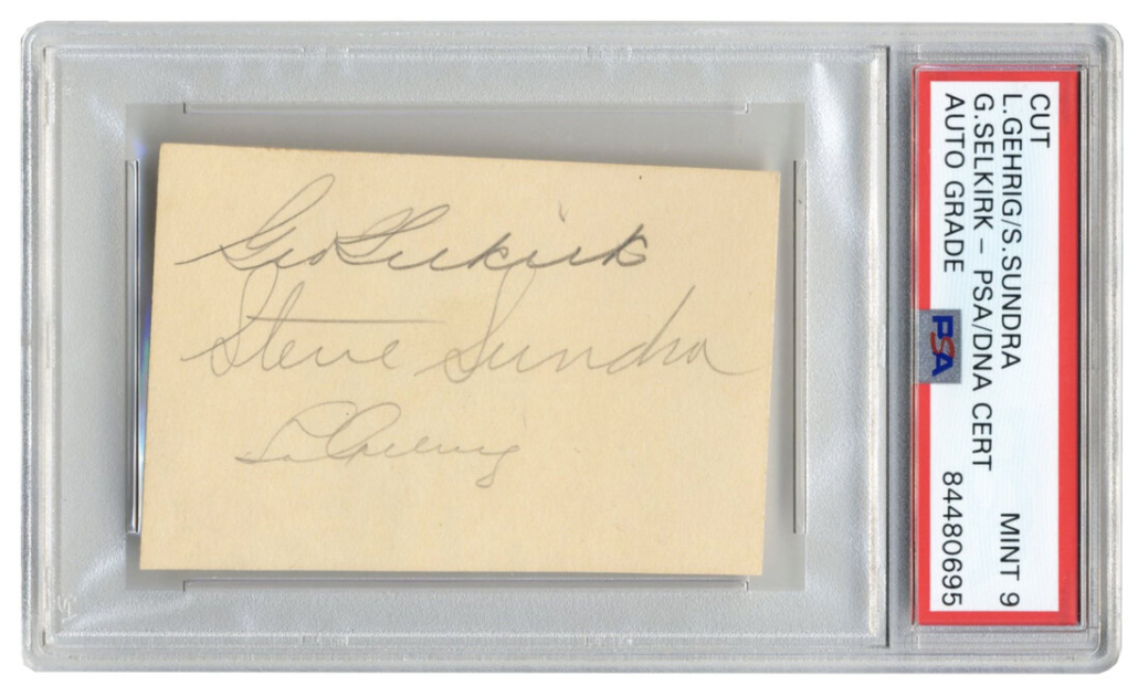 Slip of paper featuring the signatures of baseball legend Lou Gehrig and fellow Major League ballplayers George Selkirk and Stephen R. Sundra, est. $2,000-$4,000