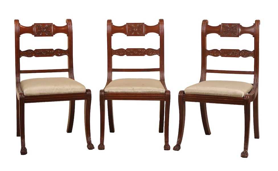 This set of three English Regency mahogany side chairs, together estimated at $300-$500, sold for $7,000 plus the buyer’s premium in March 2024. Image courtesy of Nye & Company and Liveauctioneers.