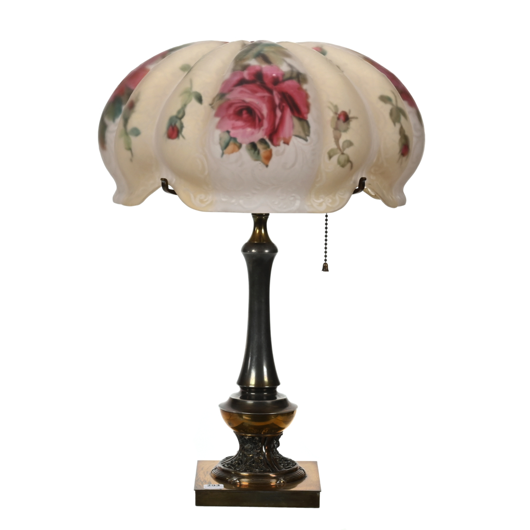  Electrified table lamp by Pairpoint featuring a Venice shade with a large pink rose decor, $7,700