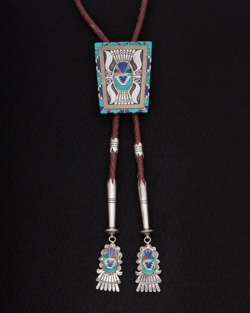 Large Abraham Begay sterling and inlaid stone bolo tie, $4,375
