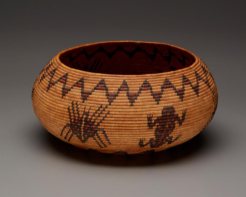 Polychrome Mono Lake Paiute pictorial basket woven by Emma Murphy, $11,875 