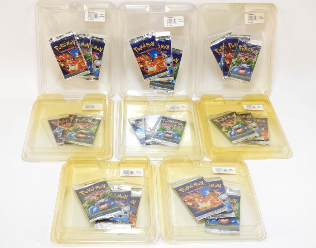 Lot of eight factory-sealed 1999 Pokemon Base Unlimited Booster Pack cards in three-pack clamshells, $8,438