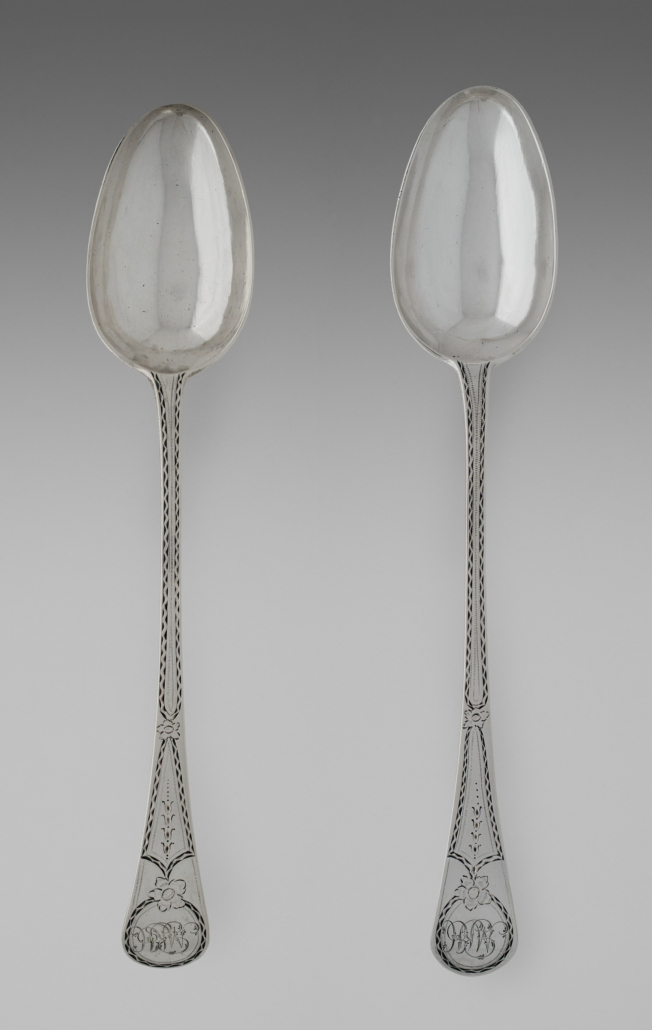 Paul Revere Jr., American (Boston, 1734-1818), two ragout spoons, 1786. American silver, 29.8cm (11 3/4in.), 253 g. Harvard Art Museums/Fogg Museum, the Pollack collection, gift of Daniel A. Pollack AB ’60 and Susan F. Pollack AB ’64, 2020.197.1 and 2020.197.2 