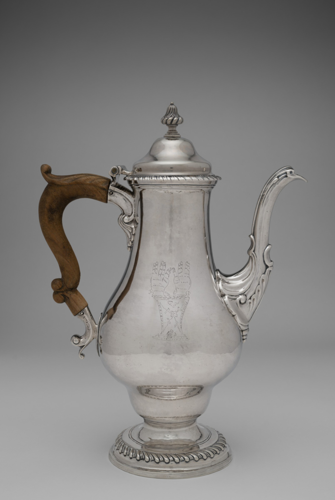 Joseph Richardson Jr., American (Philadelphia 1752-1831), Nathaniel Richardson, American (Chester, Pennsylvania 1754-1827 Philadelphia), coffeepot, c. 1780. American silver and fruitwood, 31.8cm (12 1/2in.) 1049 g, Harvard Art Museums/Fogg Museum, the Pollack collection, gift of Daniel A. Pollack AB ’60 and Susan F. Pollack AB ’64, 2020.198 