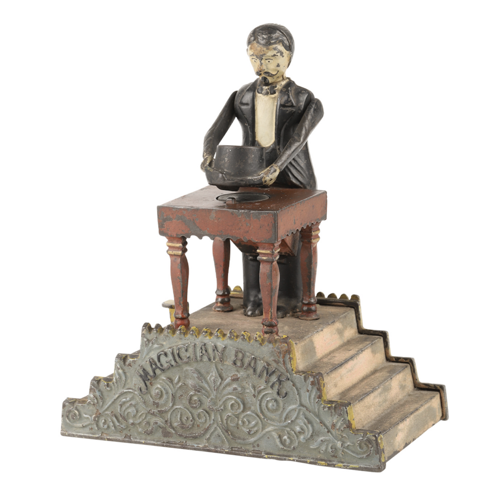 J. & E. Stevens painted cast iron magician mechanical bank, est. CA$3,000-$3,500