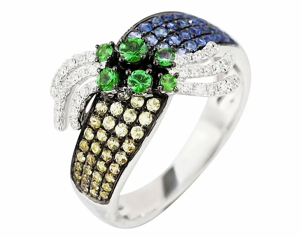 14K white gold ring set with tsavorites, diamonds and blue and yellow sapphires, est. $2,605-$3,860