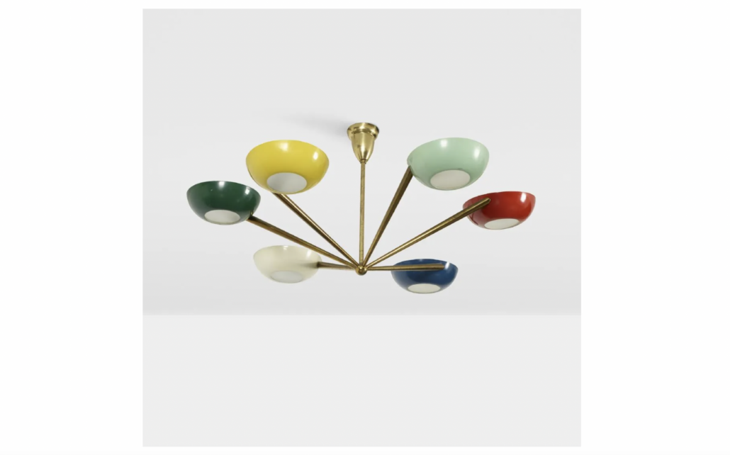This colorful chandelier by Stilnovo sold for $7,500 plus the buyer’s premium in July 2018. Image courtesy of Wright and LiveAuctioneers