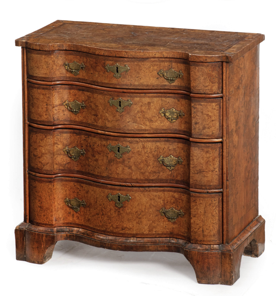 George I/II burr elm 'mulberry' serpentine chest of drawers, est. $10,000-$15,000