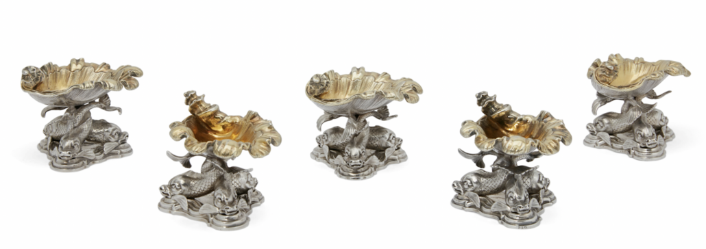 Matched set of five Victorian sterling silver shell and dolphin form master salts by John Samuel Hunt of London, est. $3,000-$5,000
