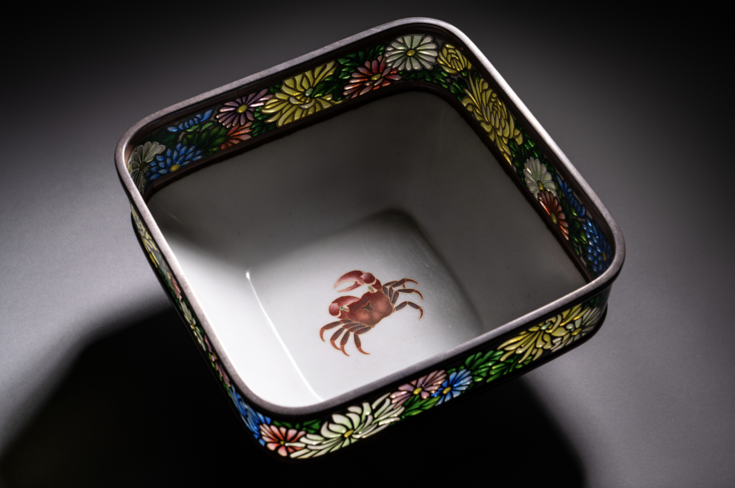 Japanese cloisonne-enamel and partial plique-a-jour square bowl by Ando Jubei, Meiji period, est. $60,000-$80,000