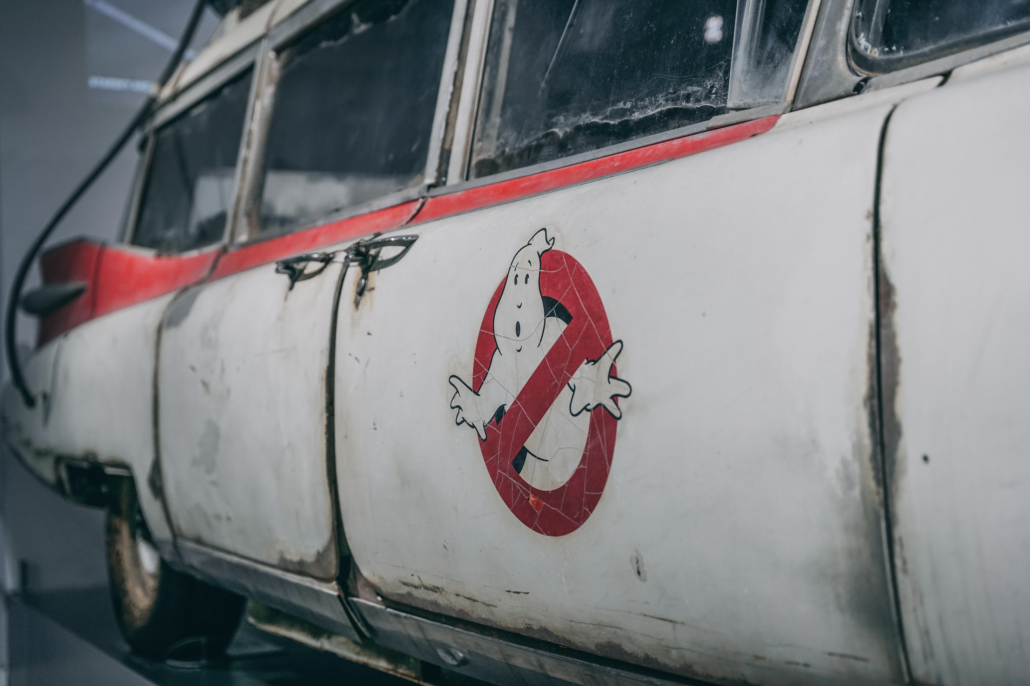 Detail of the 1959 Cadillac Miller-Meteor, aka Ecto-1, from Ghostbusters and Ghostbusters: Afterlife, showing the iconic Ghostbusters logo. Courtesy of the Petersen Automotive Museum