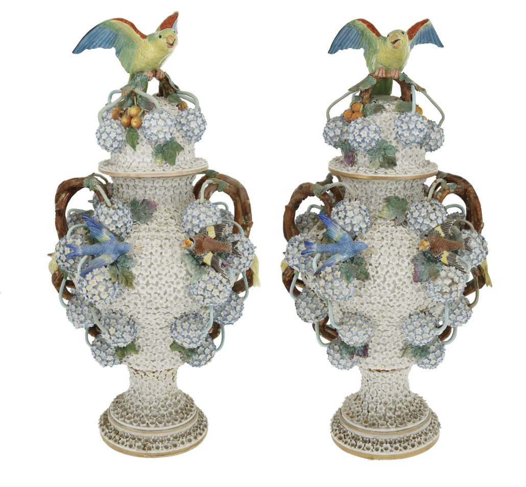 Pair of Meissen Schneeballen porcelain covered urns, est. $8,000-$12,000