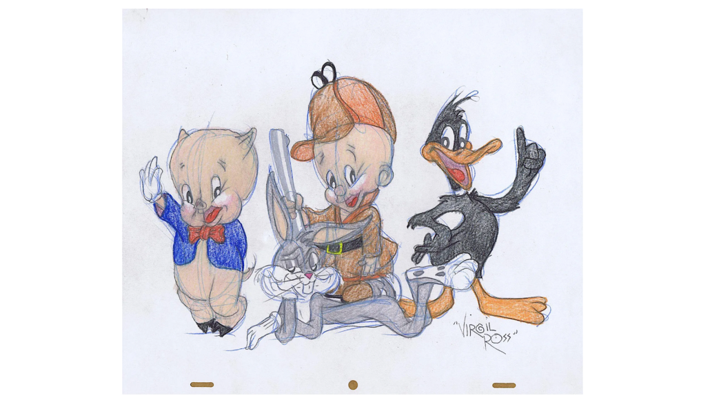 Circa-1990s signed Virgil Ross drawing of Looney Tunes characters, est. $450-$550