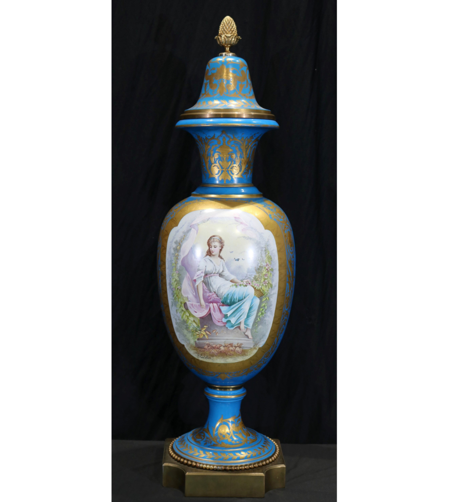 Sevres royal blue urn in three parts on a swivel base, est. $6,000-$9,000