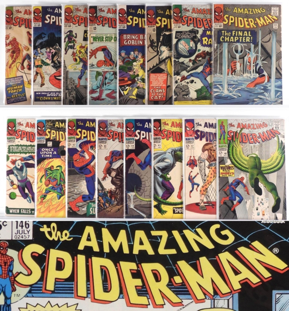 Group of 107 Marvel Comics Spider-Man comic books, #21-#150, in conditions ranging from 4.0 to 7.0, $3,875