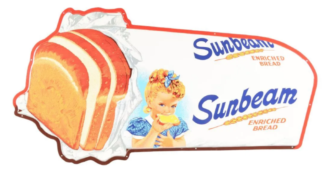 A Sunbeam Bread die cut tin advertising sign made $2,750 plus the buyer’s premium in December 2018. Image courtesy of Dan Morphy Auctions and LiveAuctioneers.