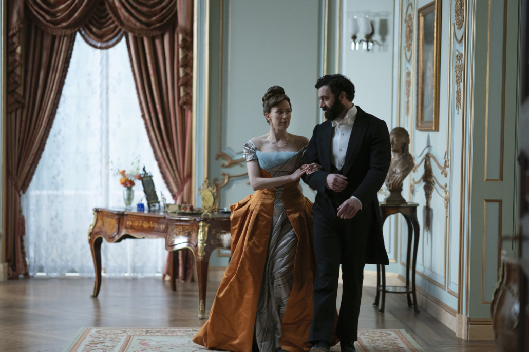 Carrie Coon as Bertha Russell and Morgan Spector as robber baron George Russell in The Gilded Age. Photograph by Alison Cohen Rosa/HBO