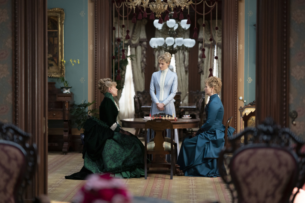 Christine Baranski as Agnes van Rhijn, Cynthia Nixon as Ada Brook, and Louisa Jacobson as their niece, Marian Brook, in a scene from episode six of The Gilded Age. Photograph by Alison Cohen Rosa/HBO