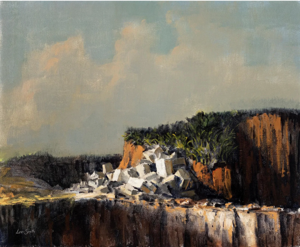 The 1950s Hughie Lee-Smith work ‘Cliff Grass,’ shows no figures, but the evidence of human existence can be seen in the crumbling concrete blocks below the cliff’s edge. The painting earned $29,000 plus the buyer’s premium in May 2021. Image courtesy of Black Art Auction and LiveAuctioneers.