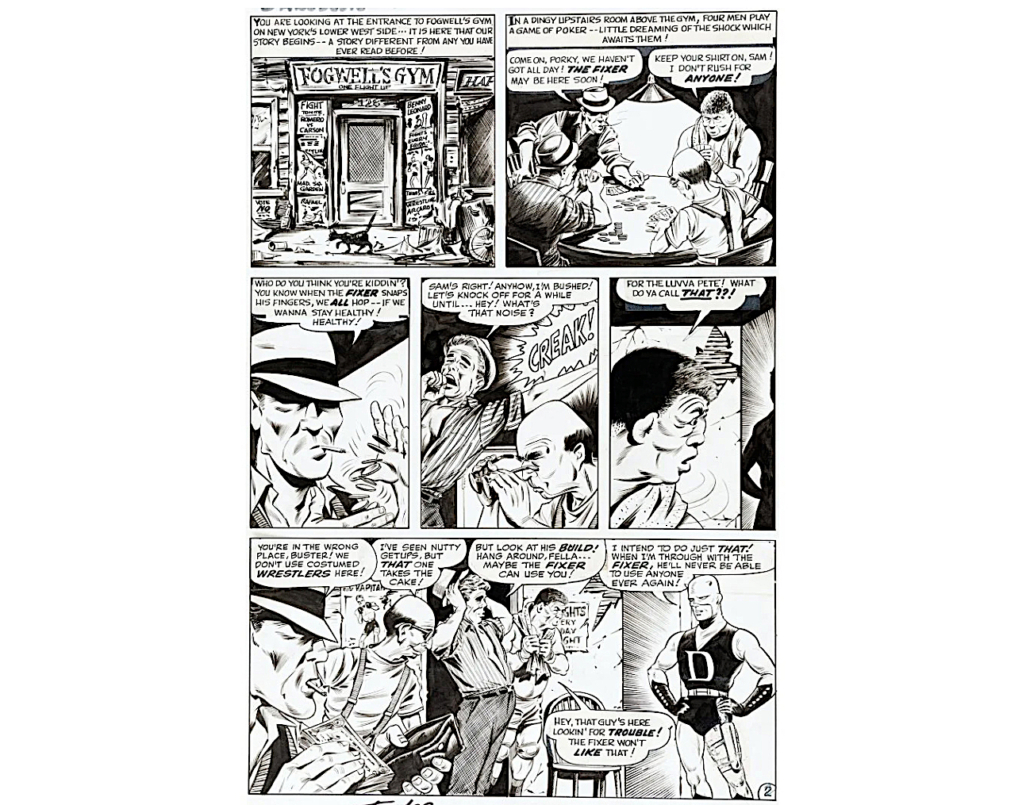 Proving that art designed for important interior pages can bring big money is the original artwork for page 2 of Daredevil #1 (Marvel, 1964), done by artist Bill Everett. It sold for $240,000 in April 2021. Image courtesy of Heritage Auctions, ha.com, and LiveAuctioneers.