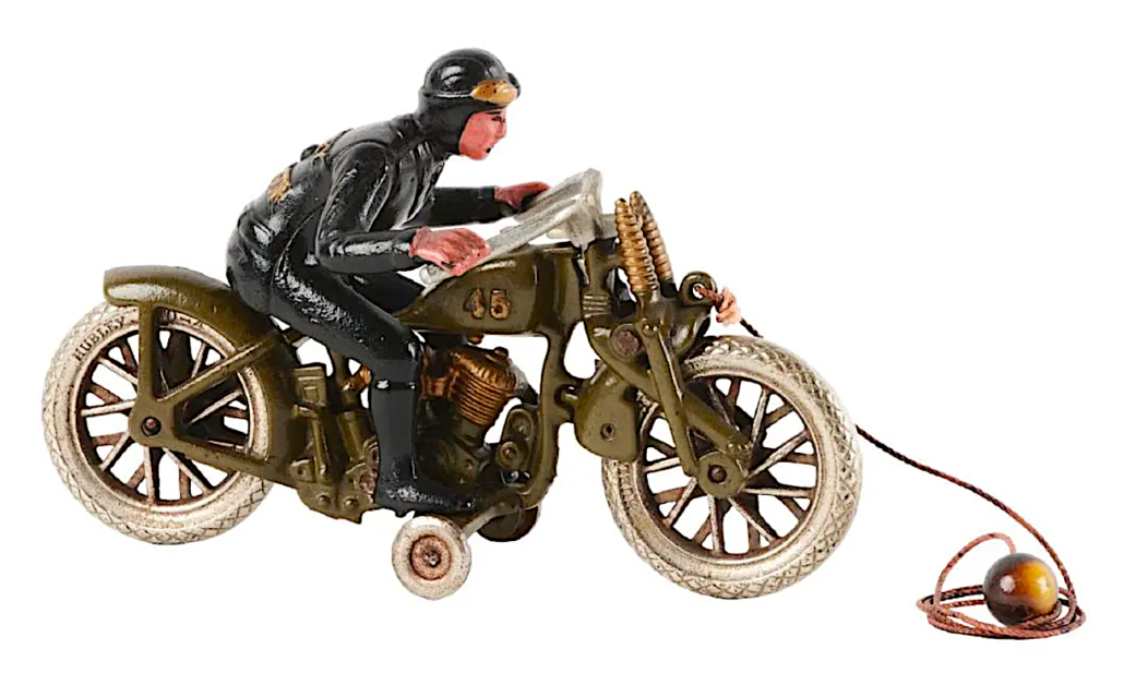 A Hubley cast iron Hill Climber motorcycle made $27,000 plus the buyer’s premium in December 2017. Image courtesy of Dan Morphy Auctions and LiveAuctioneers.