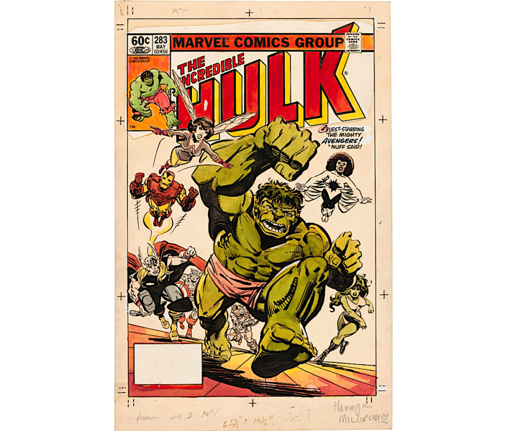 This cover illustration for the Incredible Hulk #283 by Ed Hannigan (Marvel, May 1983) ticks all the boxes, but the fact that it was in color had no effect on its performance at auction. It attained $33,314 including the buyer’s premium in March 2022. Image courtesy of Hake’s Auctions and LiveAuctioneers.