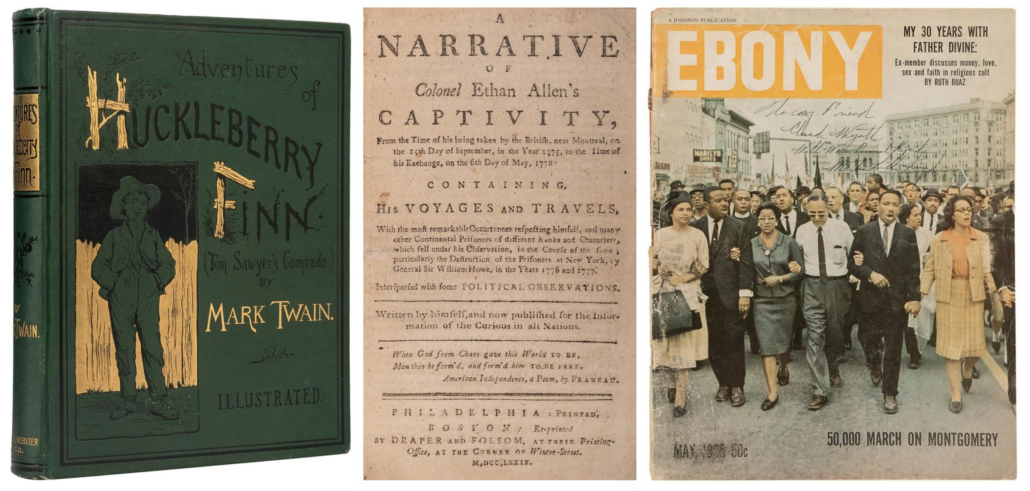 L-R: First American edition, first state copy of ‘The Adventures of Huckleberry Finn,’ $21,600; Ethan Allen’s 1779 memoir, $78,000; May 1965 copy of Ebony magazine signed and inscribed by Dr. Martin Luther King, $13,200